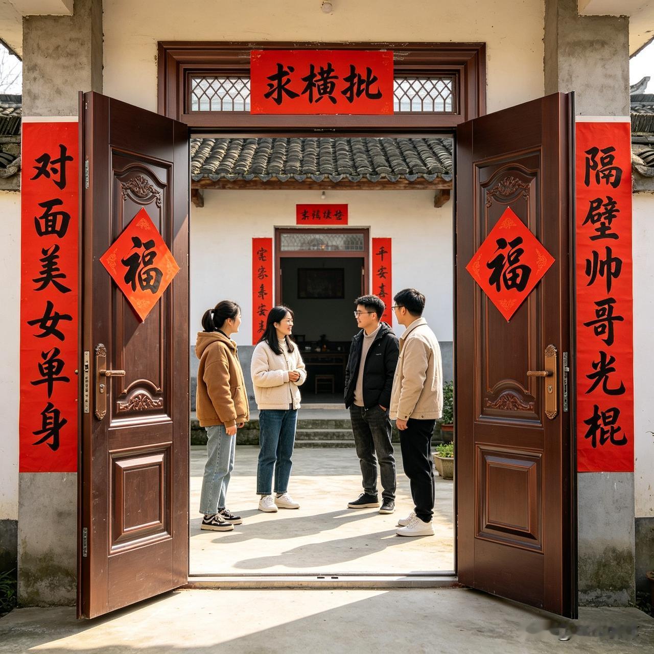 上联、下联均已出，诚邀各位赐横幅——

上联“对面美女单身”，下联“隔壁帅哥光棍