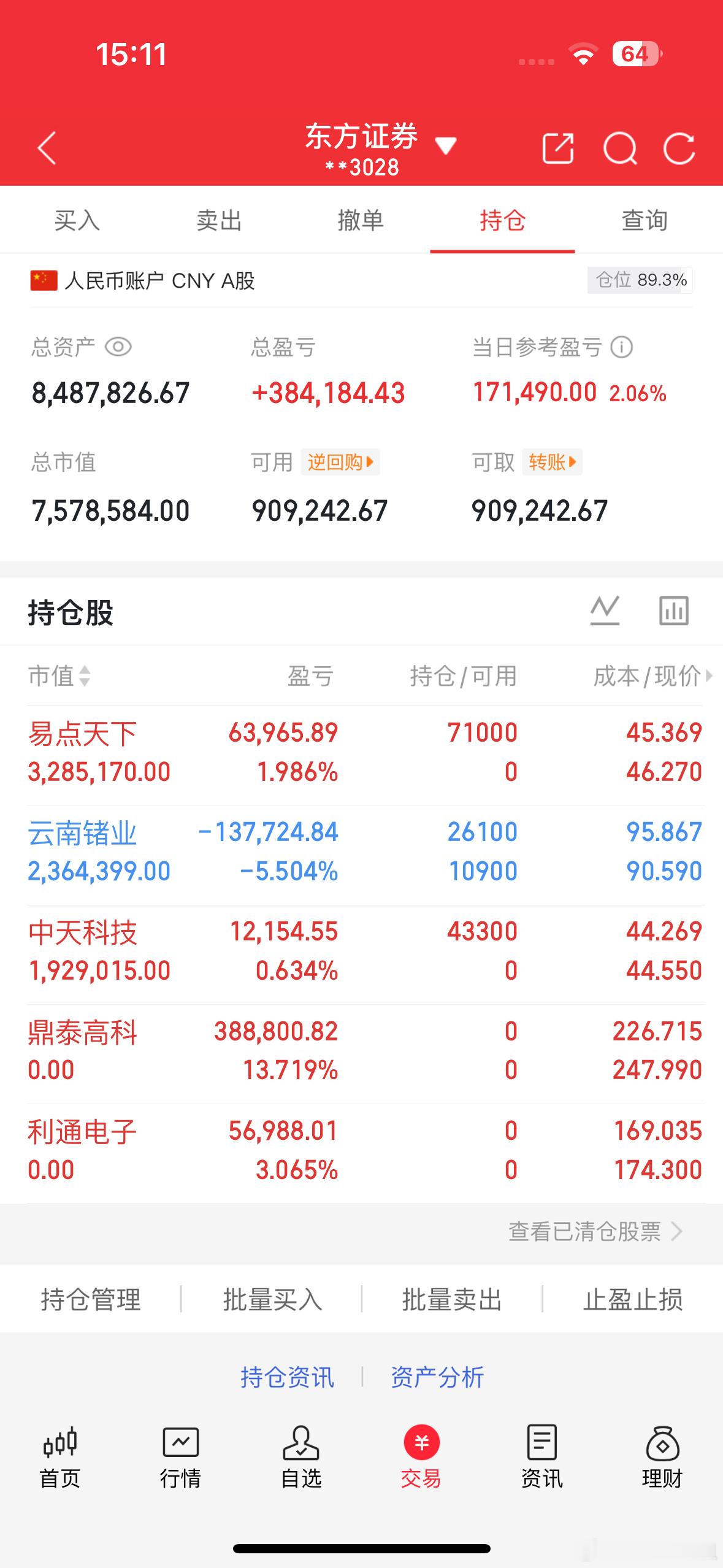 天天姐持仓利通电子走了换的中天科技明天静待花开云南今天尾盘t了一部份期待明天加油