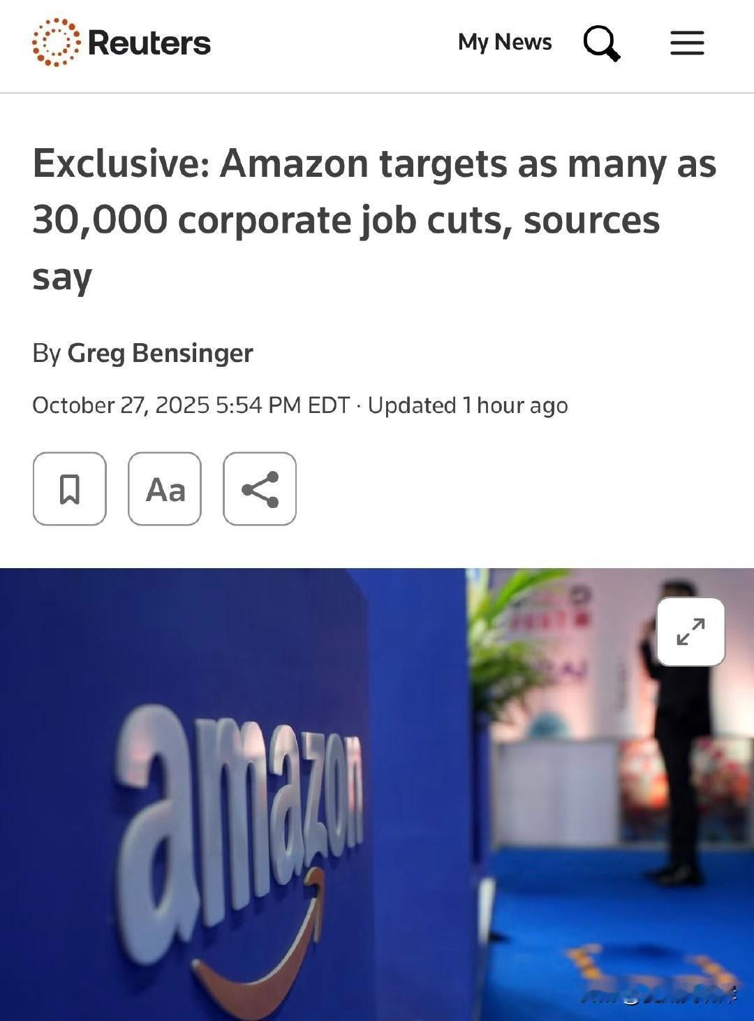 路透社：亚马逊计划裁员30000名员工。