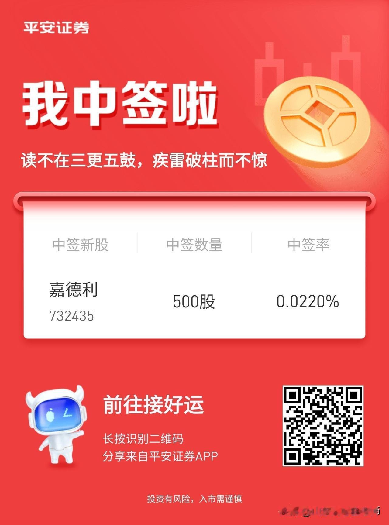 股票中了一签，这是两年中的第二个签了，上次中了一个大肉签先锋精科，赚了几万块。这