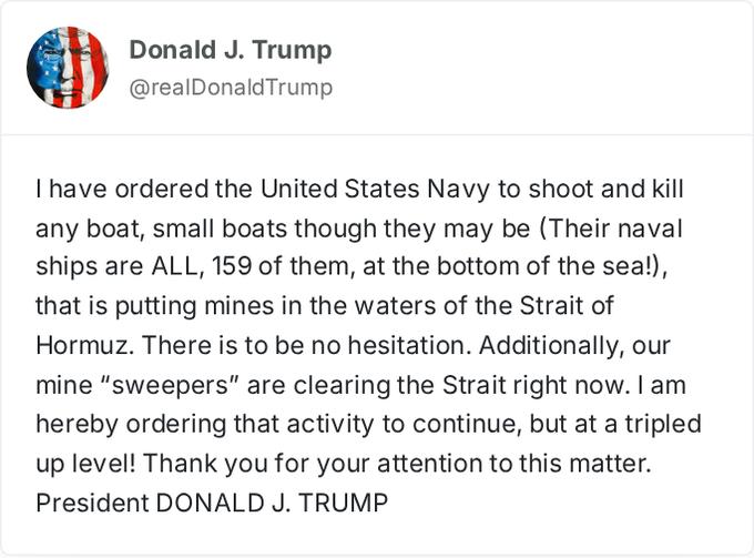 特朗普强硬发话：美海军“格杀勿论”霍尔木兹布雷船！

美国总统特朗普今日在真实社