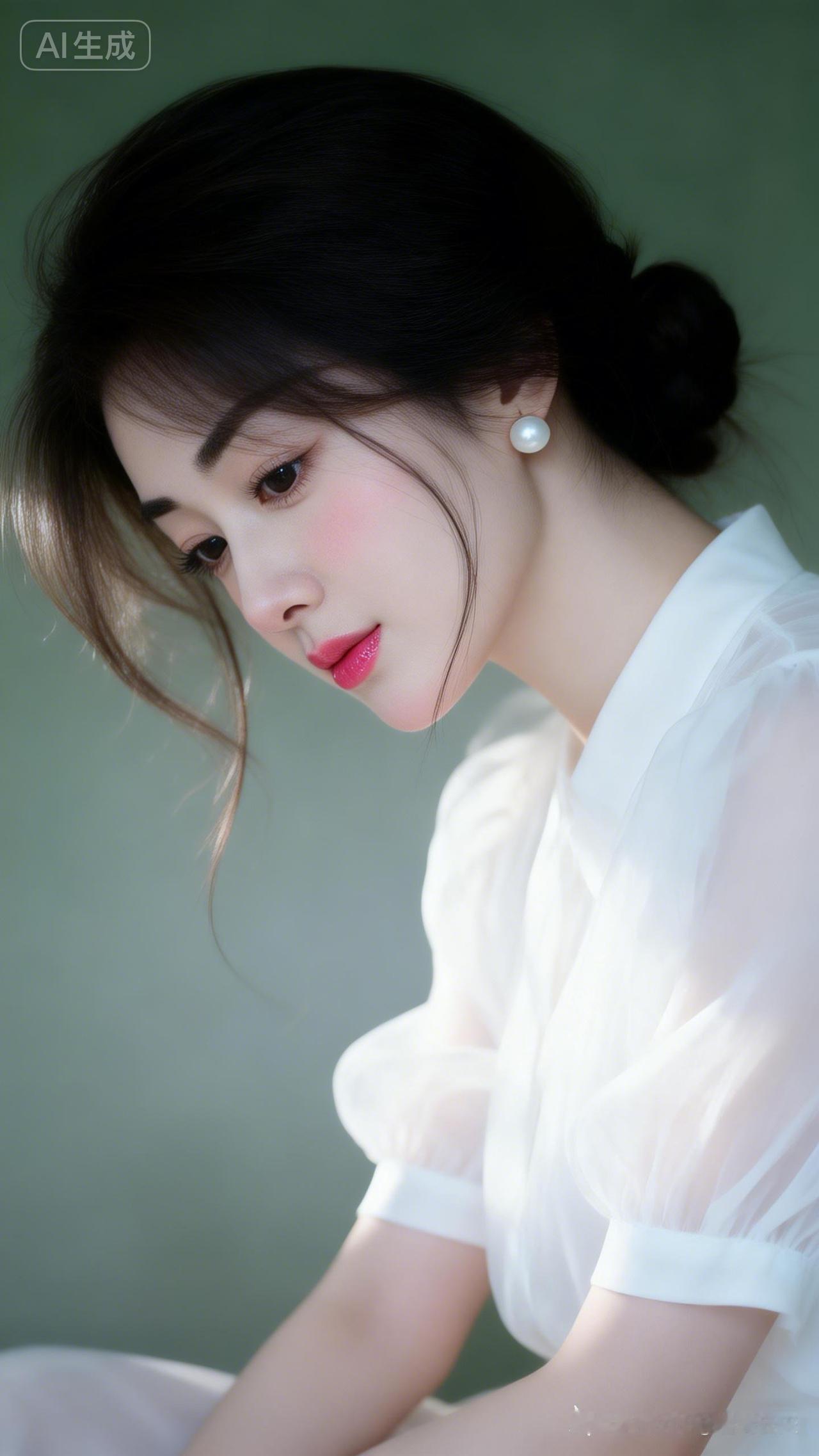 温柔优雅的少女，白色薄纱裙，珍珠耳环，梦幻氛围。