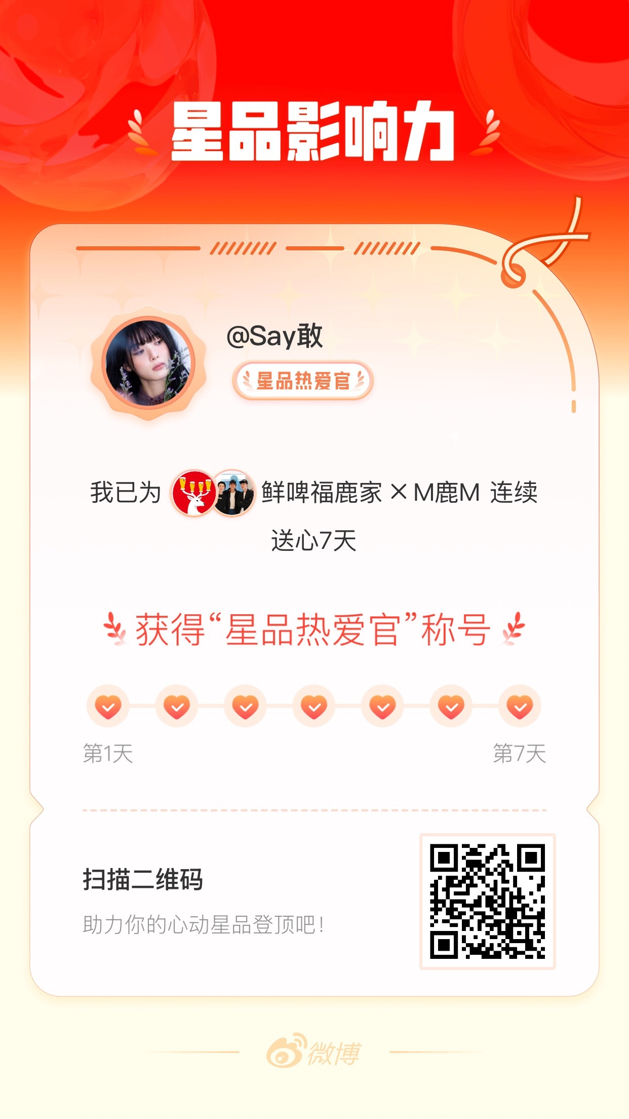 我在星品影响力上为 X 连续送心7天，获得“星品热爱官”称号！快来一起pick你