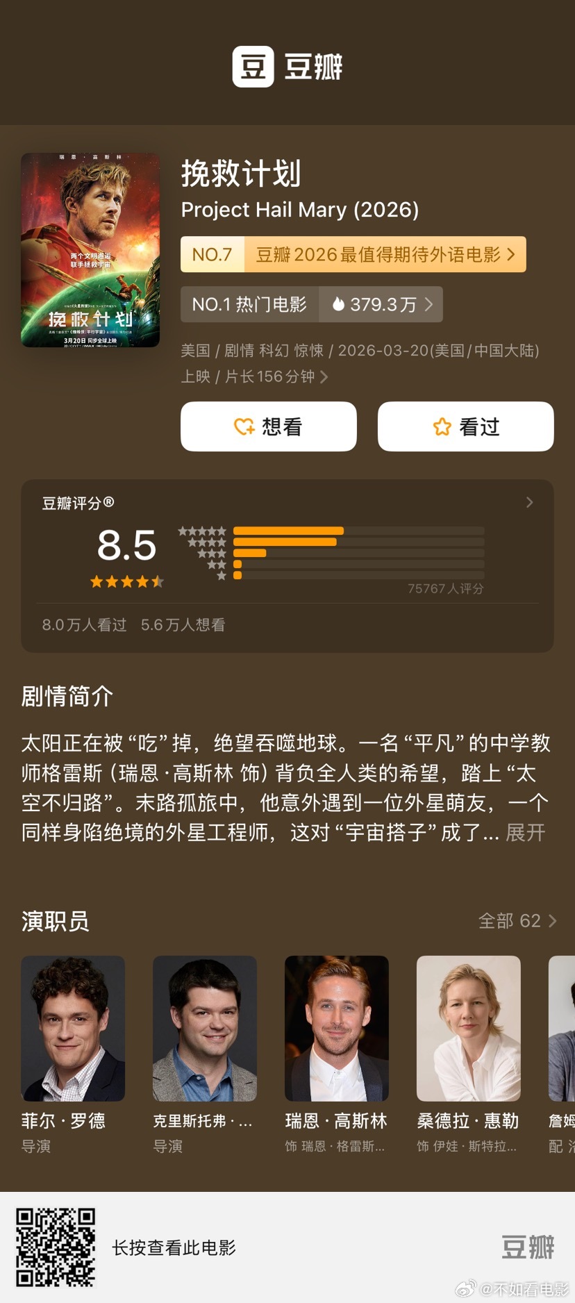 口碑爆棚！瑞恩·高斯林、桑德拉·惠勒主演科幻电影《挽救计划》豆瓣开分高达8.5，