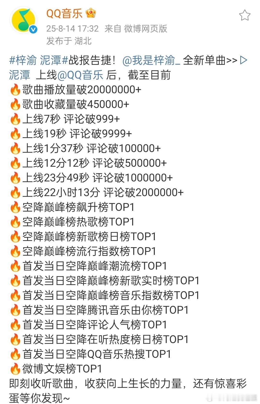 梓渝新歌日榜冠军QQ音乐发了梓渝的战报，有没有好心人来总结一下，这么多1什么水平