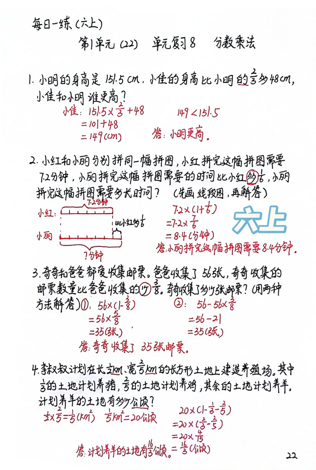 六上每日一练22，分数乘法应用题专练