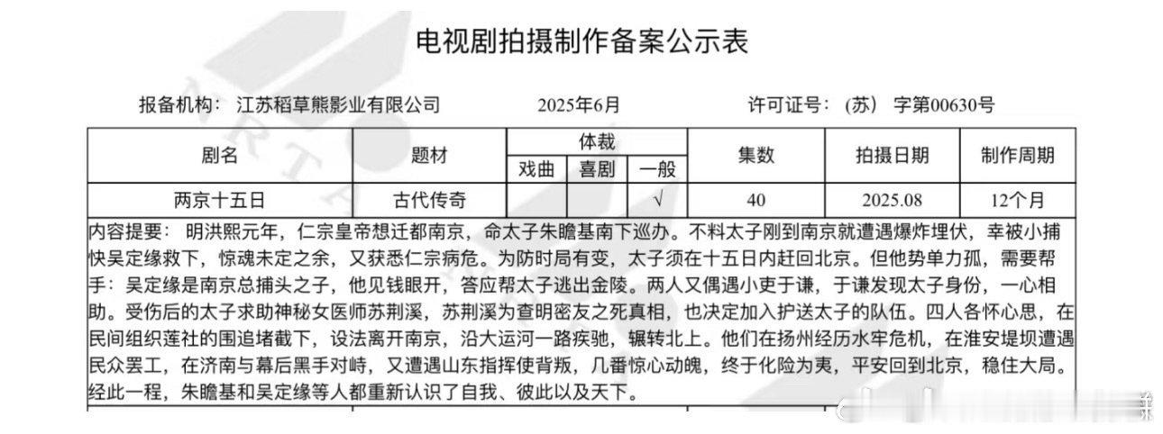 成毅、林更新《两京十五日》备案了根据马伯庸同名小说改编。明洪熙元年，仁宗皇帝想迁