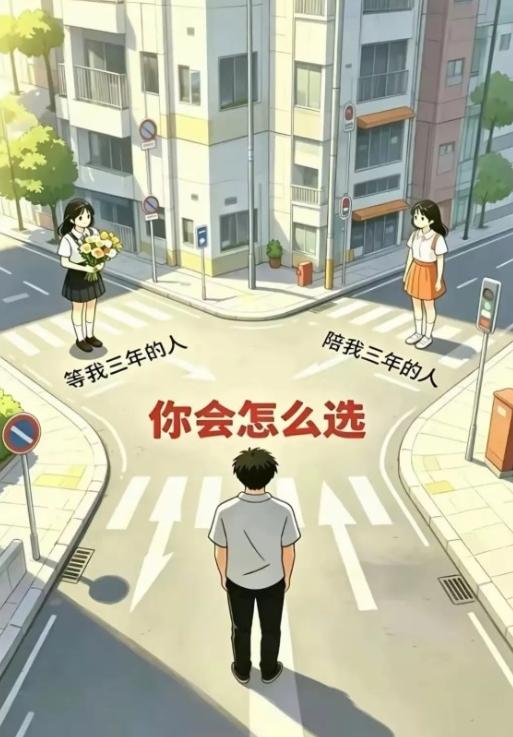 一边等我三年，一边陪我三年，如果是你，真的分得清怎么选吗？
今天刷到这张十字路口