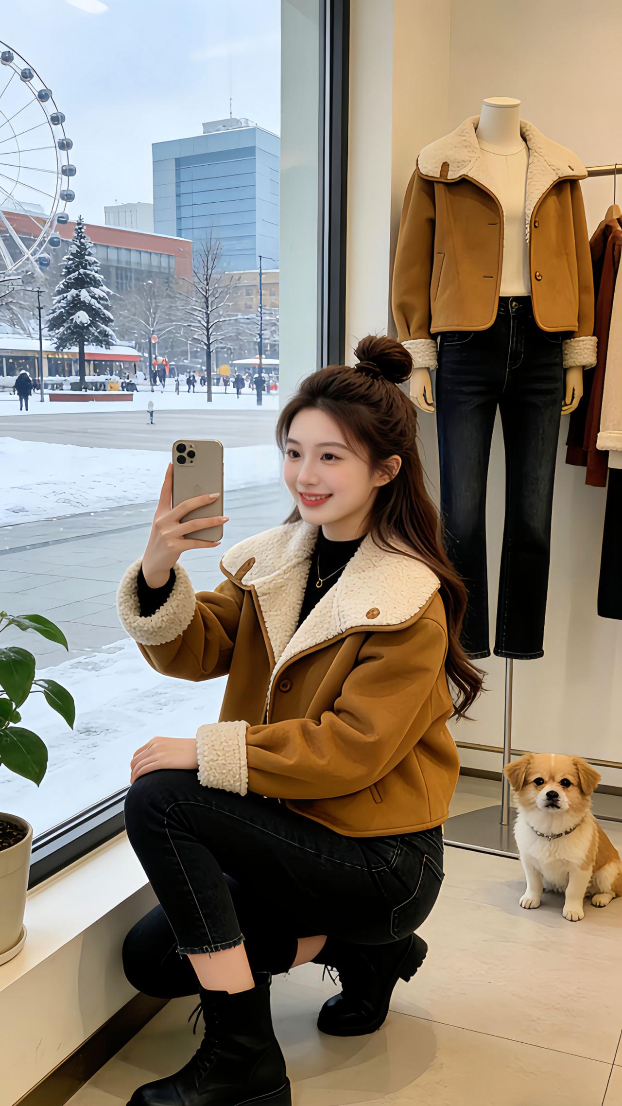 Danny的冬日穿搭也太会了！焦糖色两面穿外套在服装店窗边自拍时温柔感拉满，抱着