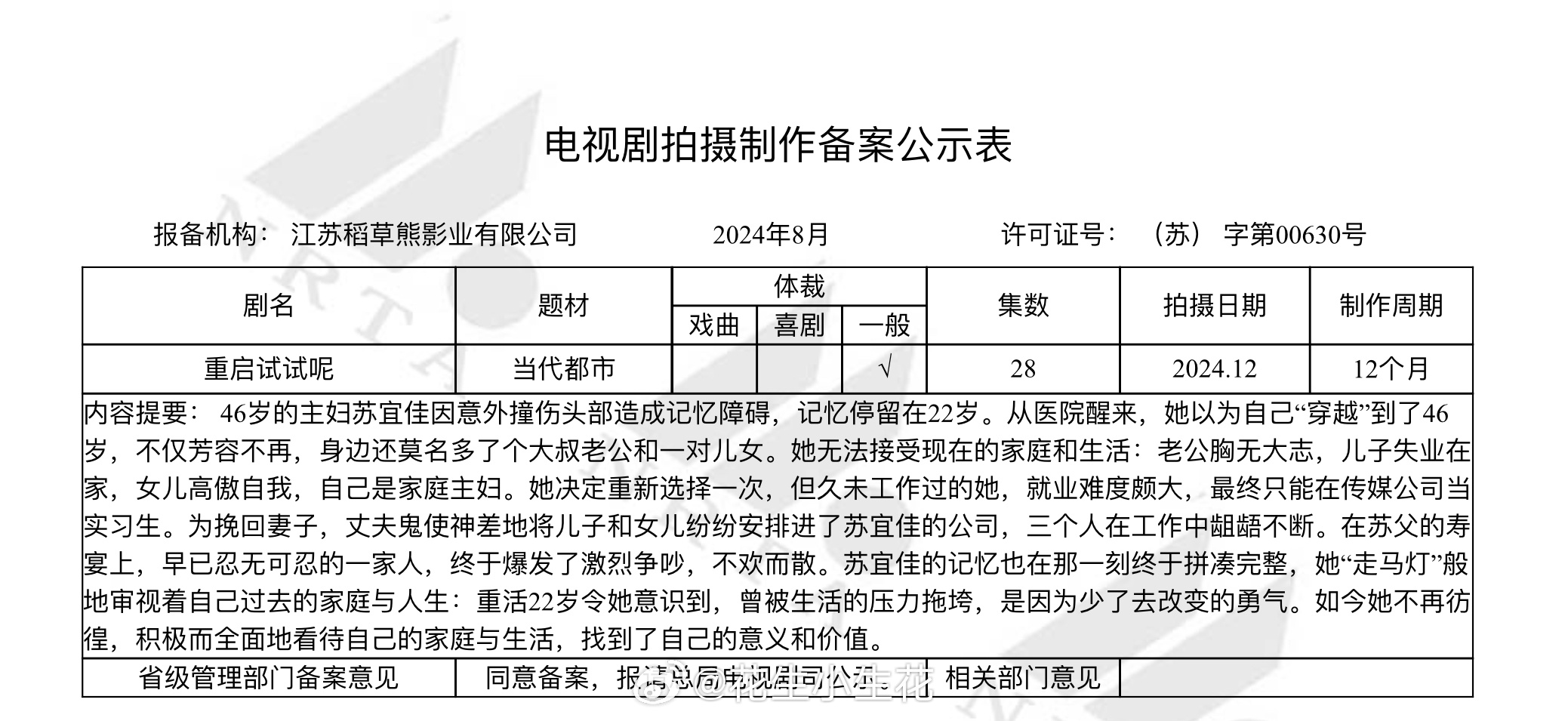 电视剧《重启试试呢》备案出品：稻草熊集数：28集内容提要： 46岁的主妇苏宜佳因