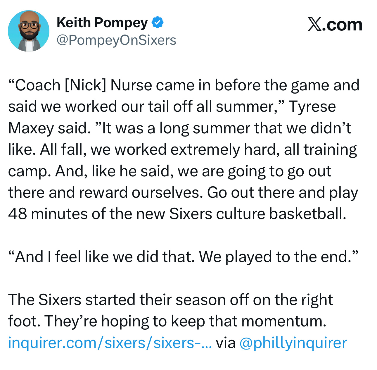 泰雷斯·马克西在昨日赛后采访时表示，“主教练教练尼克·纳斯在赛前对我们说，整个夏