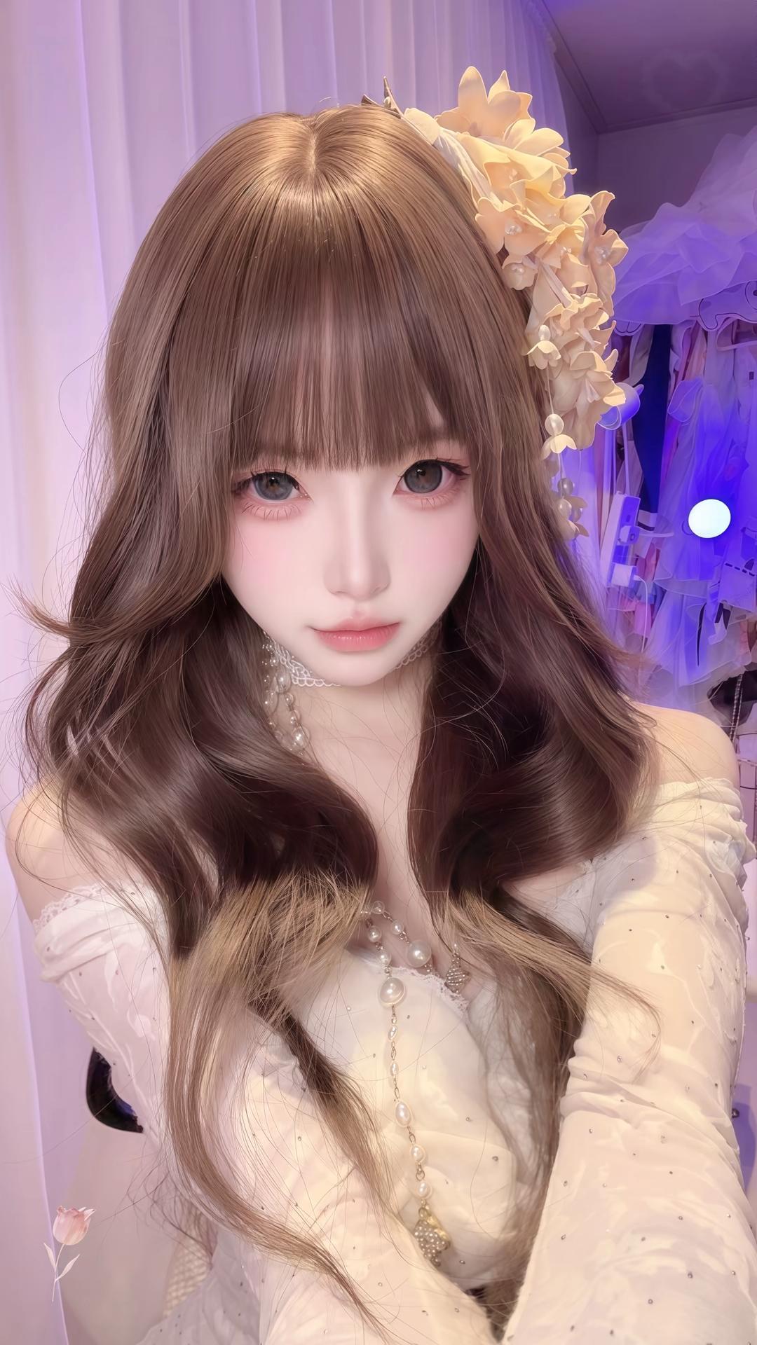 这组照片呈现出甜美、梦幻、精致的洛丽塔风格，少女感十足。
人物与穿搭
发型妆容：