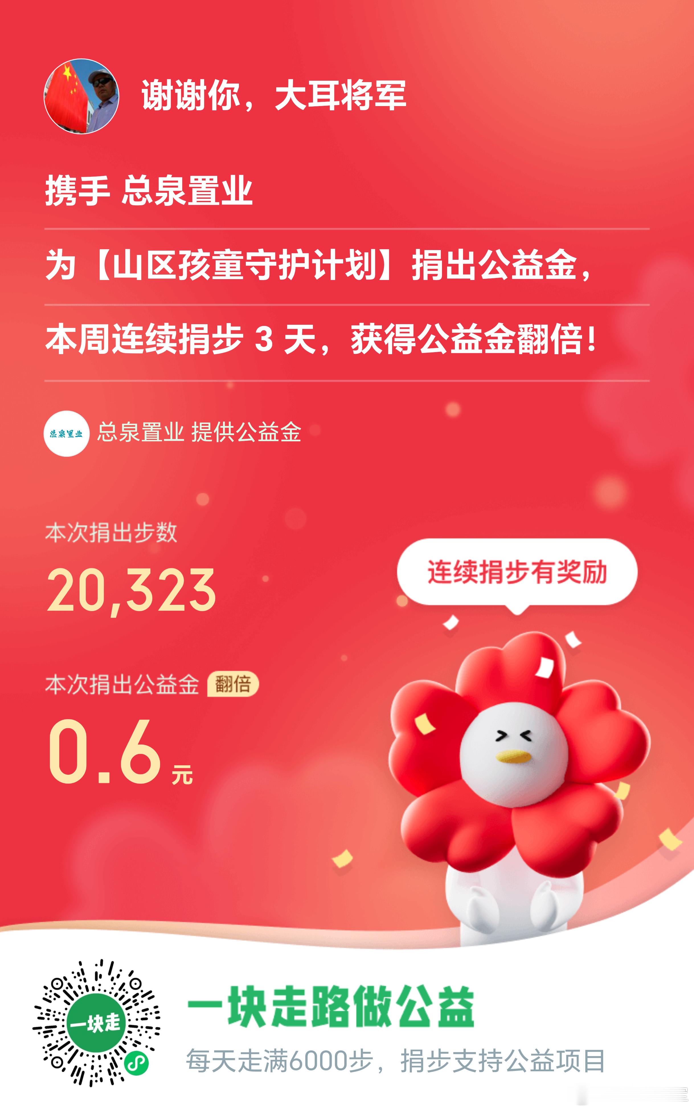 大耳将军单车行 坚持走路做公益，今天走路2万0千多步，捐出公益金8毛6，每一步都
