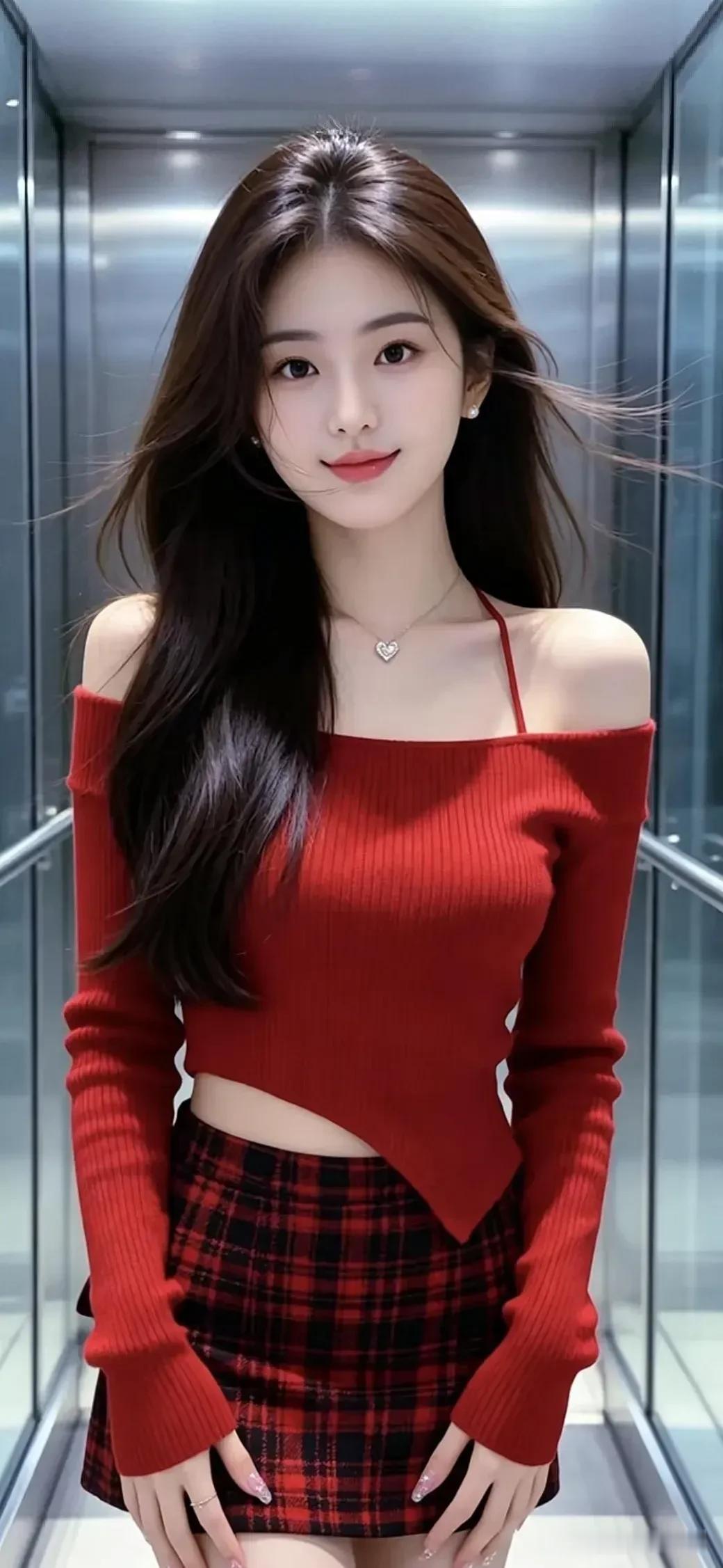 电梯间随手一拍，红系穿搭自带吸睛滤镜✨
美女穿搭照 美女拍照穿搭