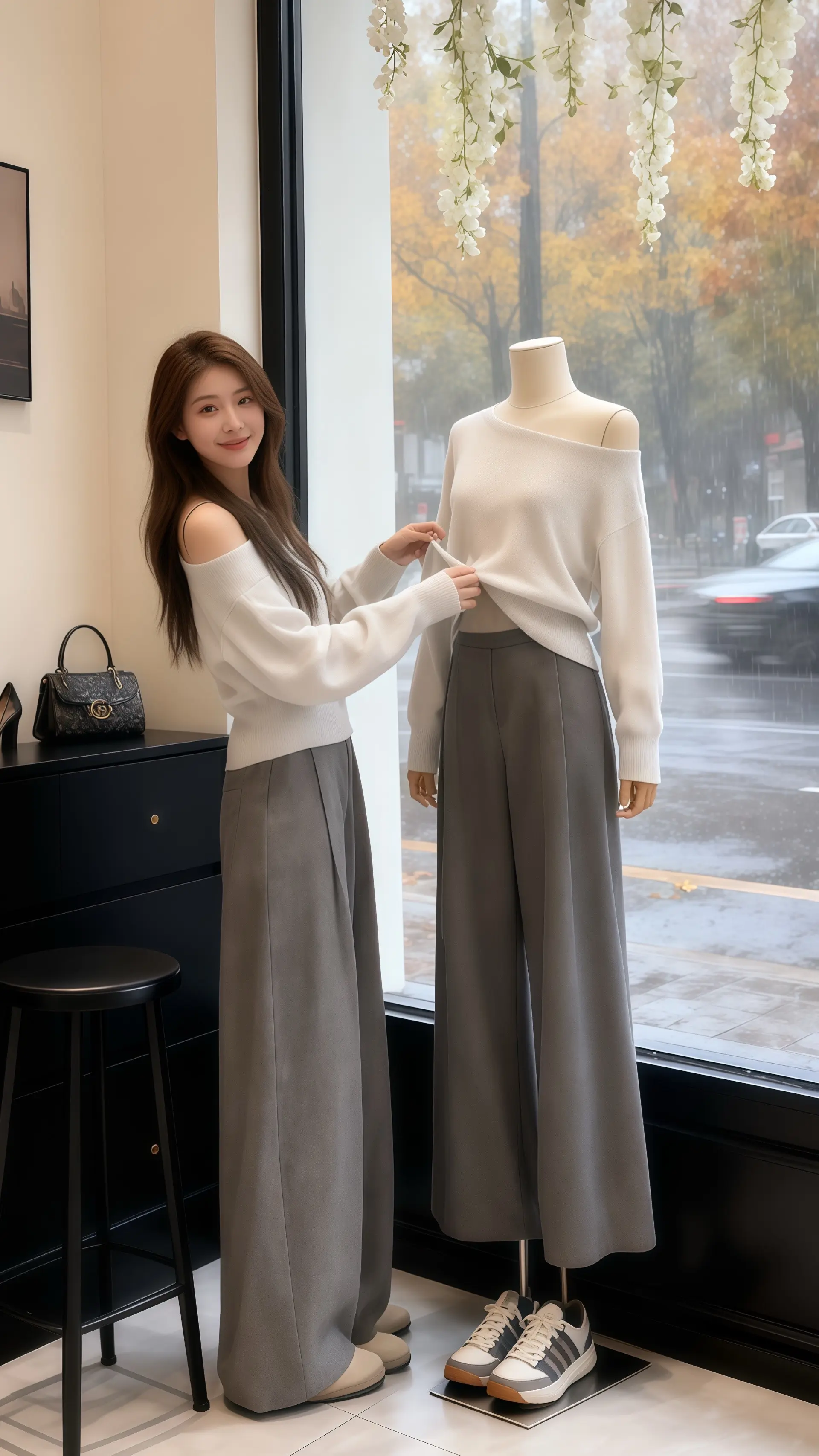 她穿着秋冬新款时尚两件套——灰色斜肩毛衣搭配高腰直筒裤，在轻奢女装店的...