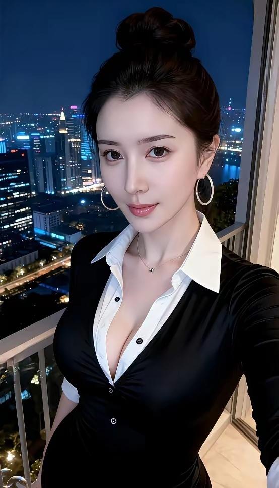 这位美女在阳台上自拍，夜景很美。