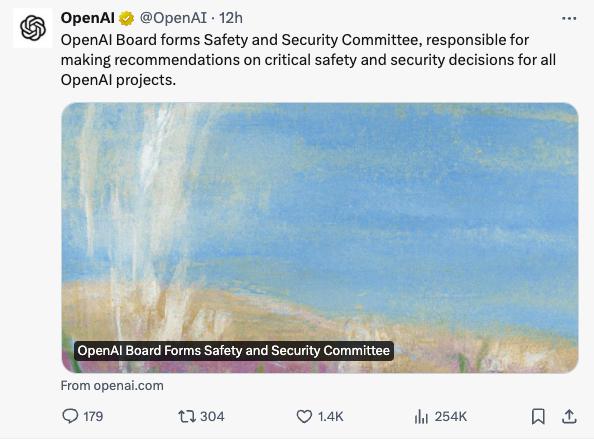5 月 29 日消息，OpenAI 宣布董事会成立安全与安保委员会，负责就 Op