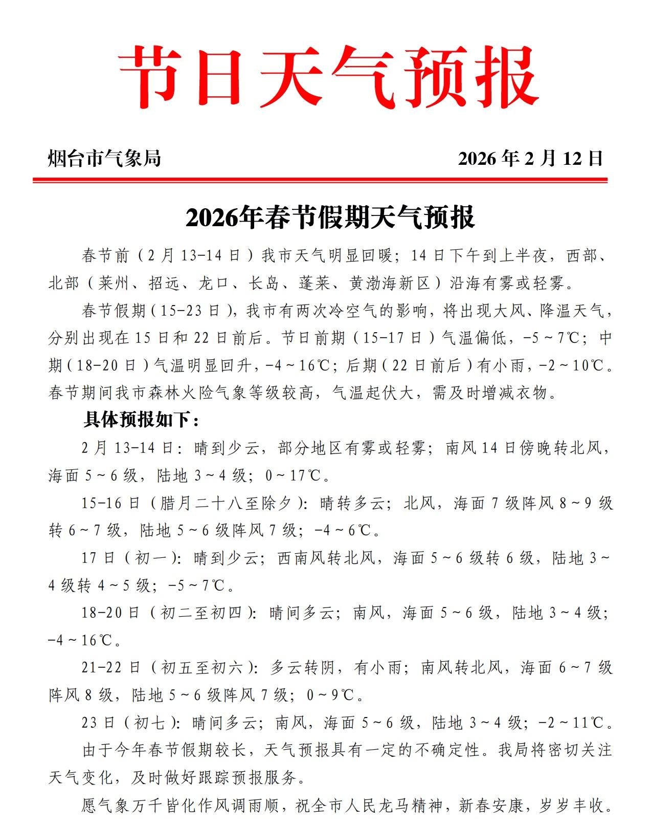 烟台春节期间天气预报。