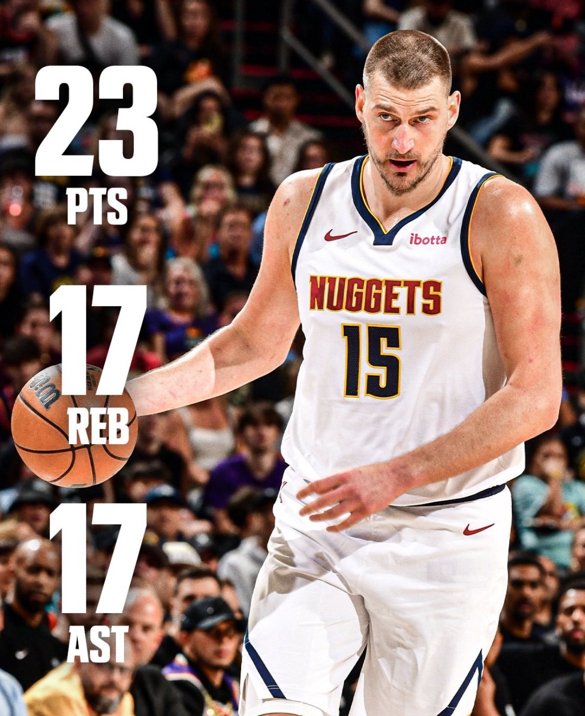 约老师今天迎来了他职业生涯第3场至少砍下23分、17篮板、17助攻的比赛。而在整