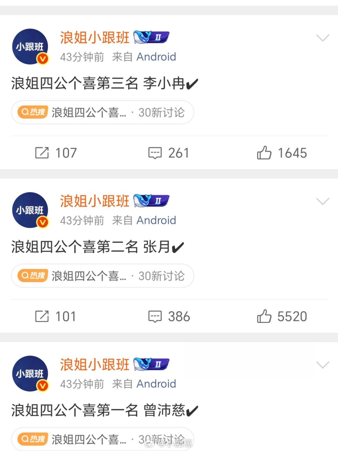 乘风破浪的姐姐浪姐四公个喜排名！1曾沛慈 2张月 3李小冉 4王濛 5安崎 6孙