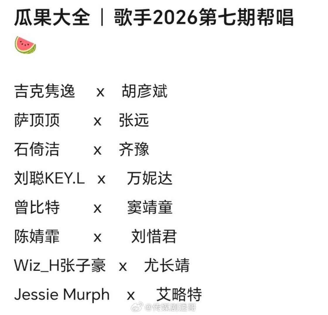 歌手第七期帮唱：窦靖童&曾比特✔️张远&萨顶顶✔️【其余不确定】 