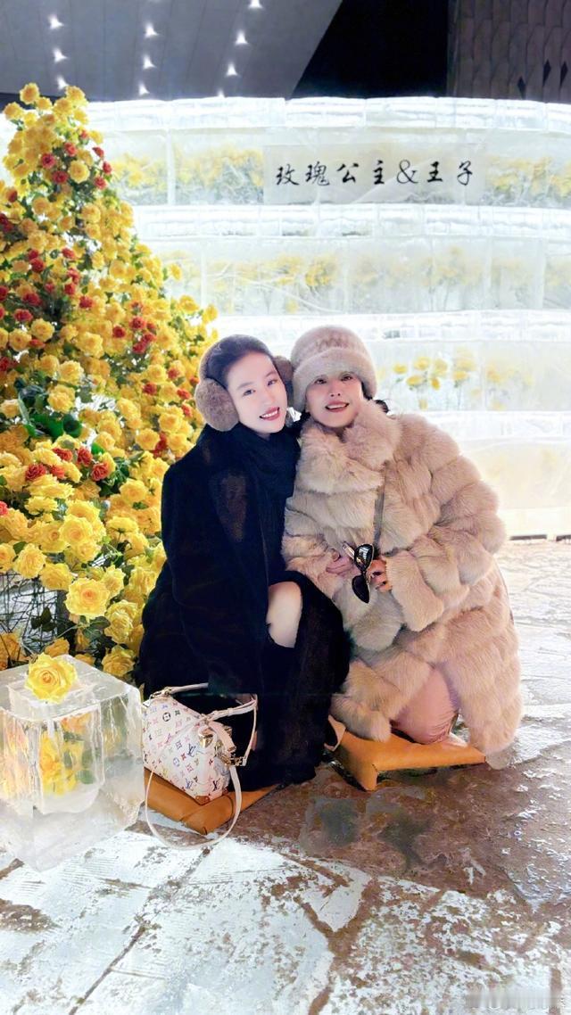 刘亦菲带妈妈打卡冰封玫瑰，母女罕见同框，刘妈妈真的好显年轻啊，完全不像65岁 