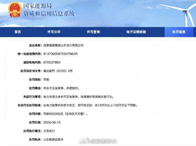 山东电力与华电山东双双被罚6月15日，国家能源集团山东电力有限公司与中国华电集团