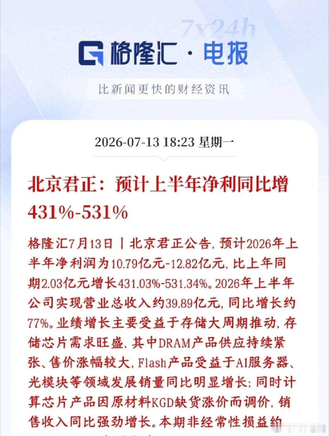 存储芯片龙头公布业绩，大超预期北京君正2026上半年赚10.79~12.82亿，