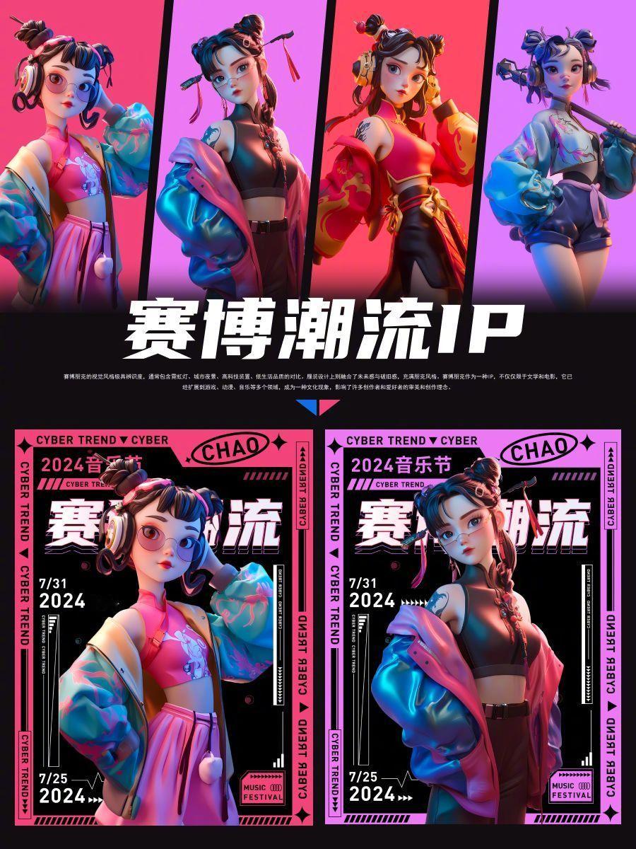 [金牌] AI 打造视觉盛宴！5 张赛博朋克国潮海报咒语直出！ 关键词：3d c