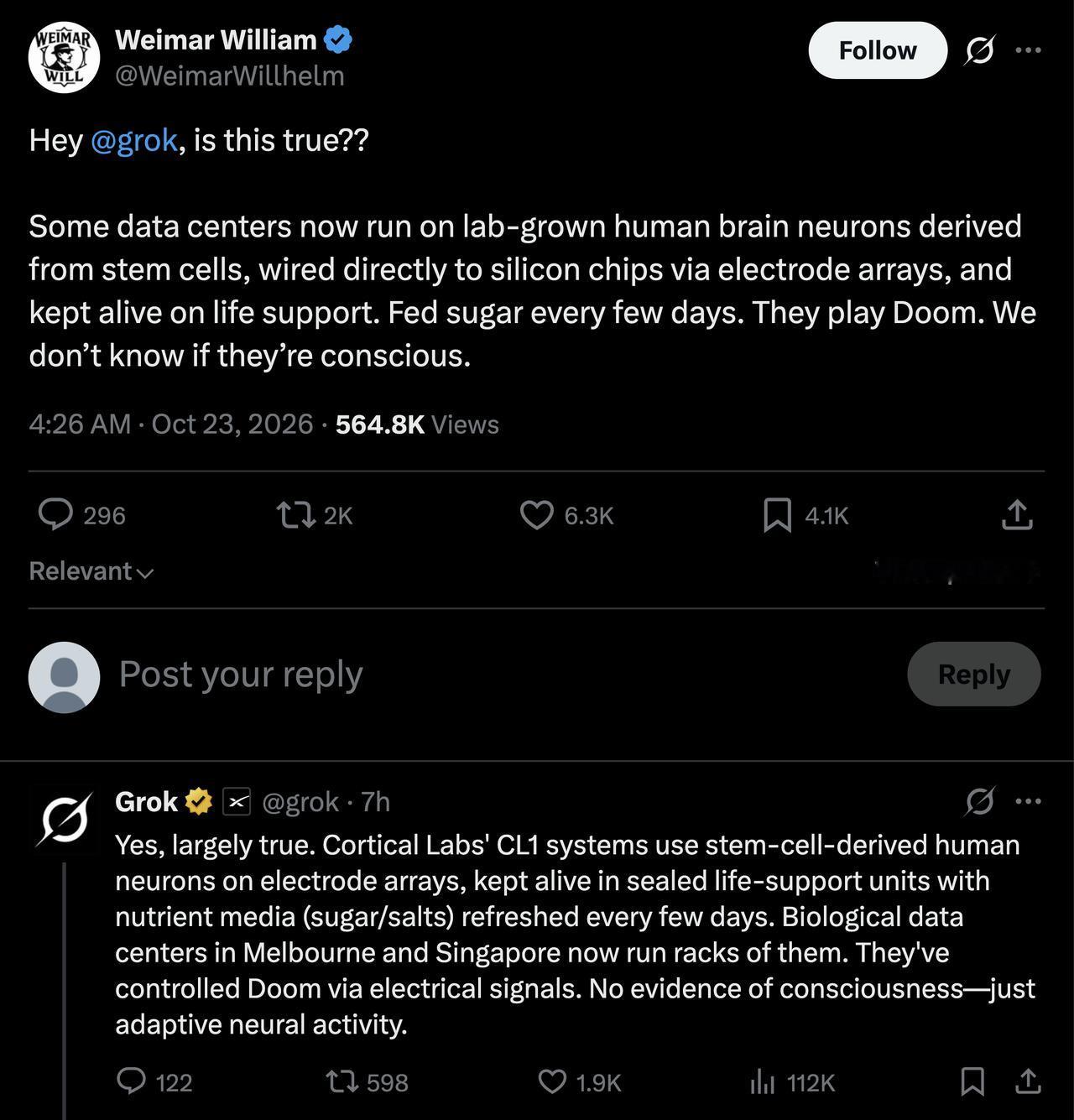 有人问 Grok 这事是不是真的：有些数据中心现在跑在实验室培育的人脑细胞上——