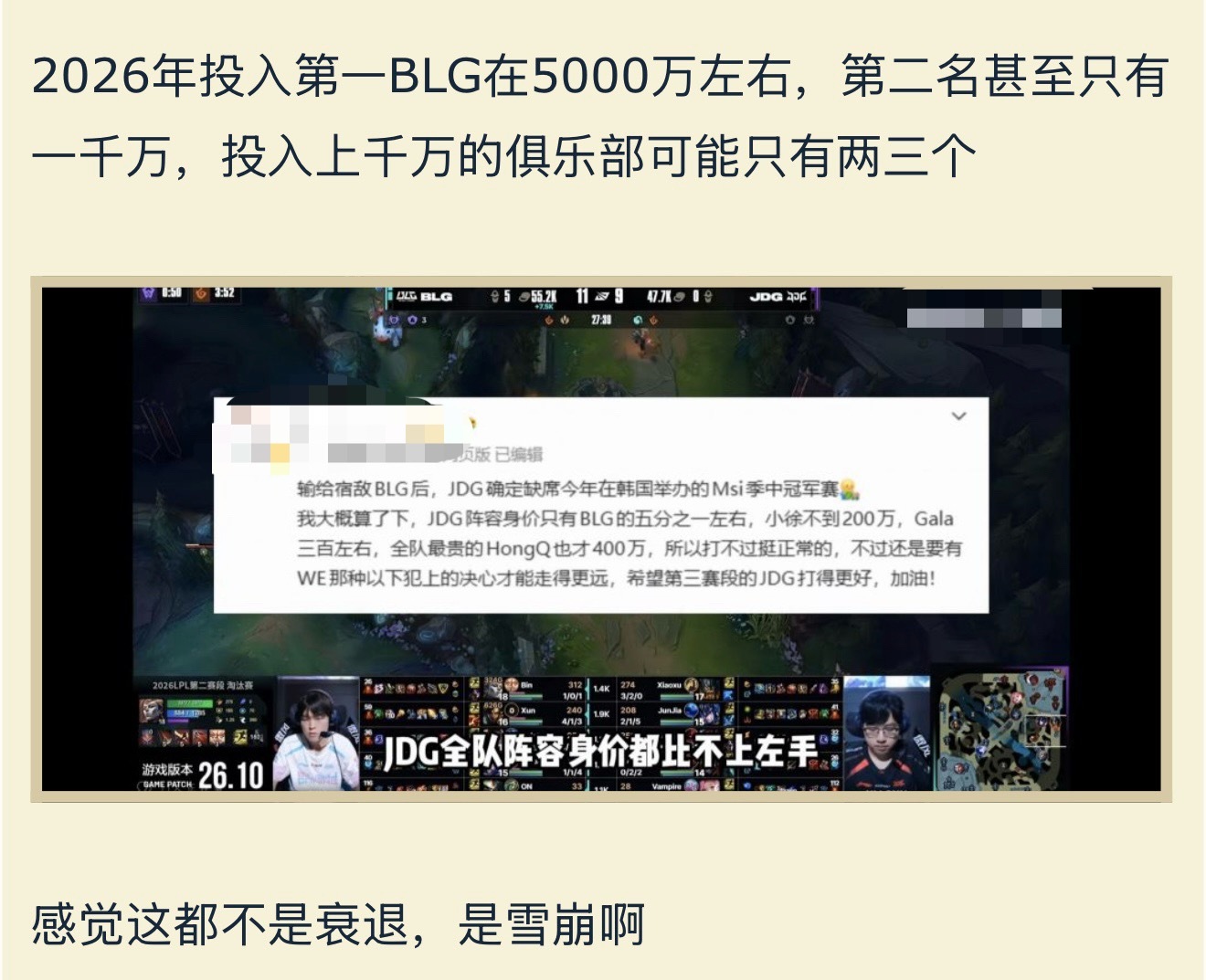 仅仅三年，我们LPL的俱乐部投资減少了80%。英雄联盟