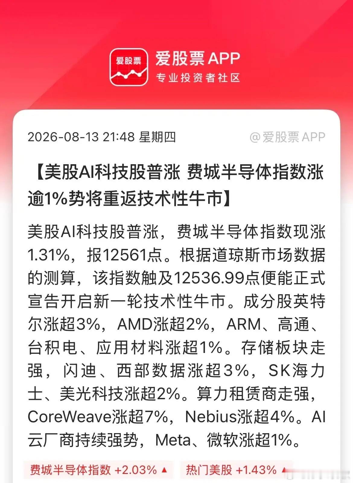 今晚美股又大涨了，标普500再创历史新高，费城半导体指数低位反弹20%，重返技术