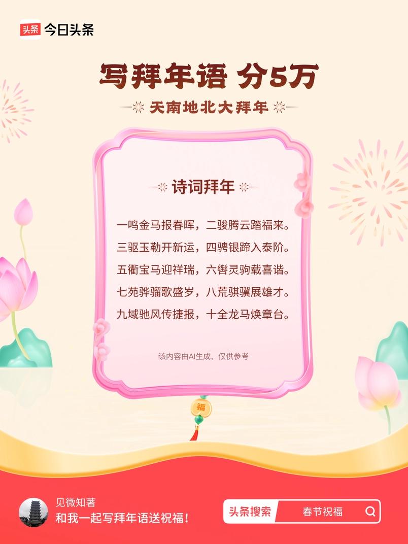 写拜年语送祝福新春拜年送祝福！我的祝福是：“一鸣金马报春晖，二骏腾云踏福来。三驱