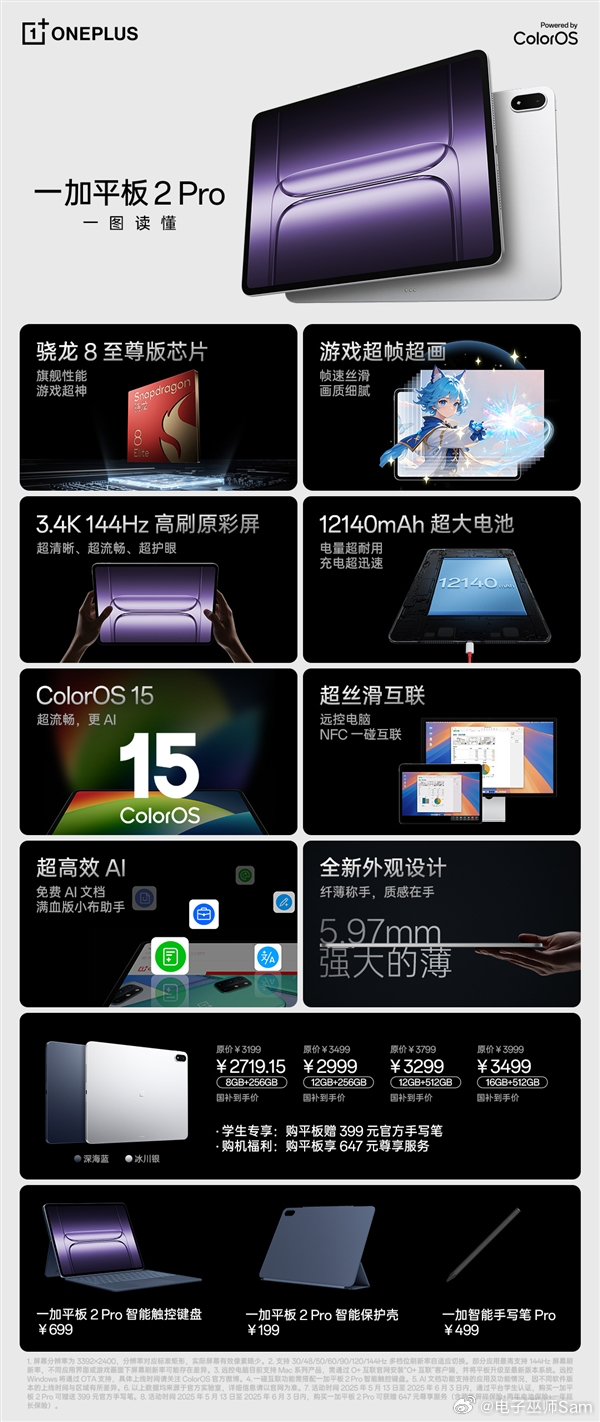 一加平板2 Pro来了！国补后2719元起，直接杀疯2K档。满血骁龙8至尊+13