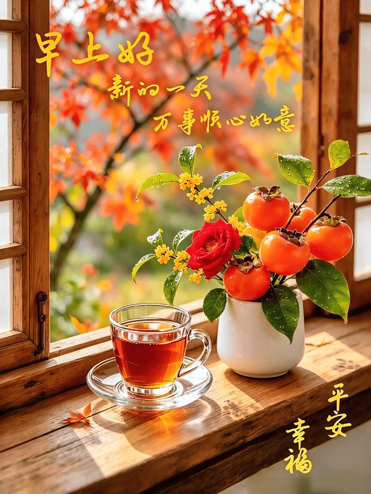 晨光洒满窗台，柿子红红火火，茶香伴着秋意，新的一天万事顺心如意，平安幸福都来啦！