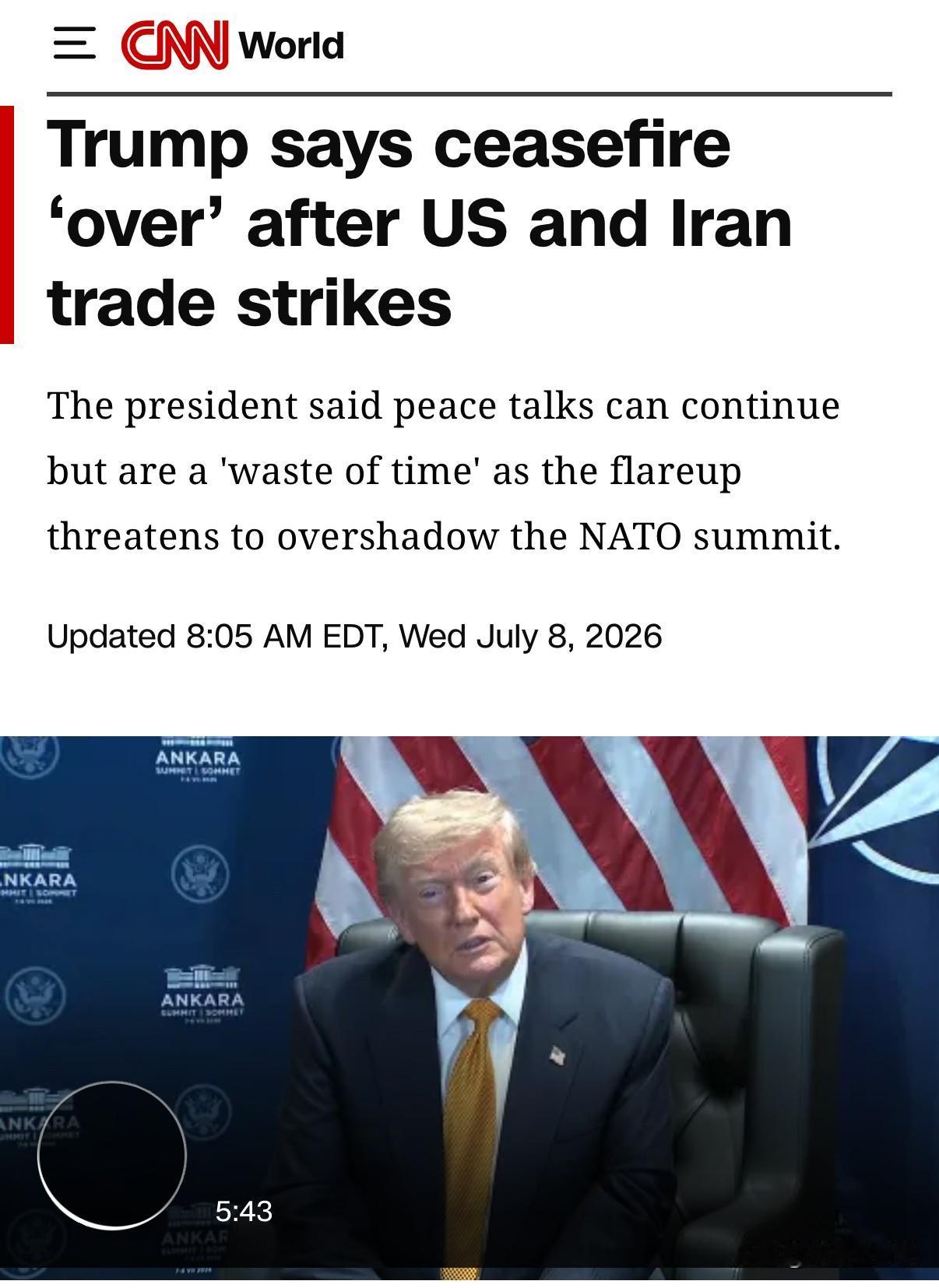 因美国再次攻击伊朗在霍海峡附近的目标，图中的男人称，美伊之间的停火结束了，双方签