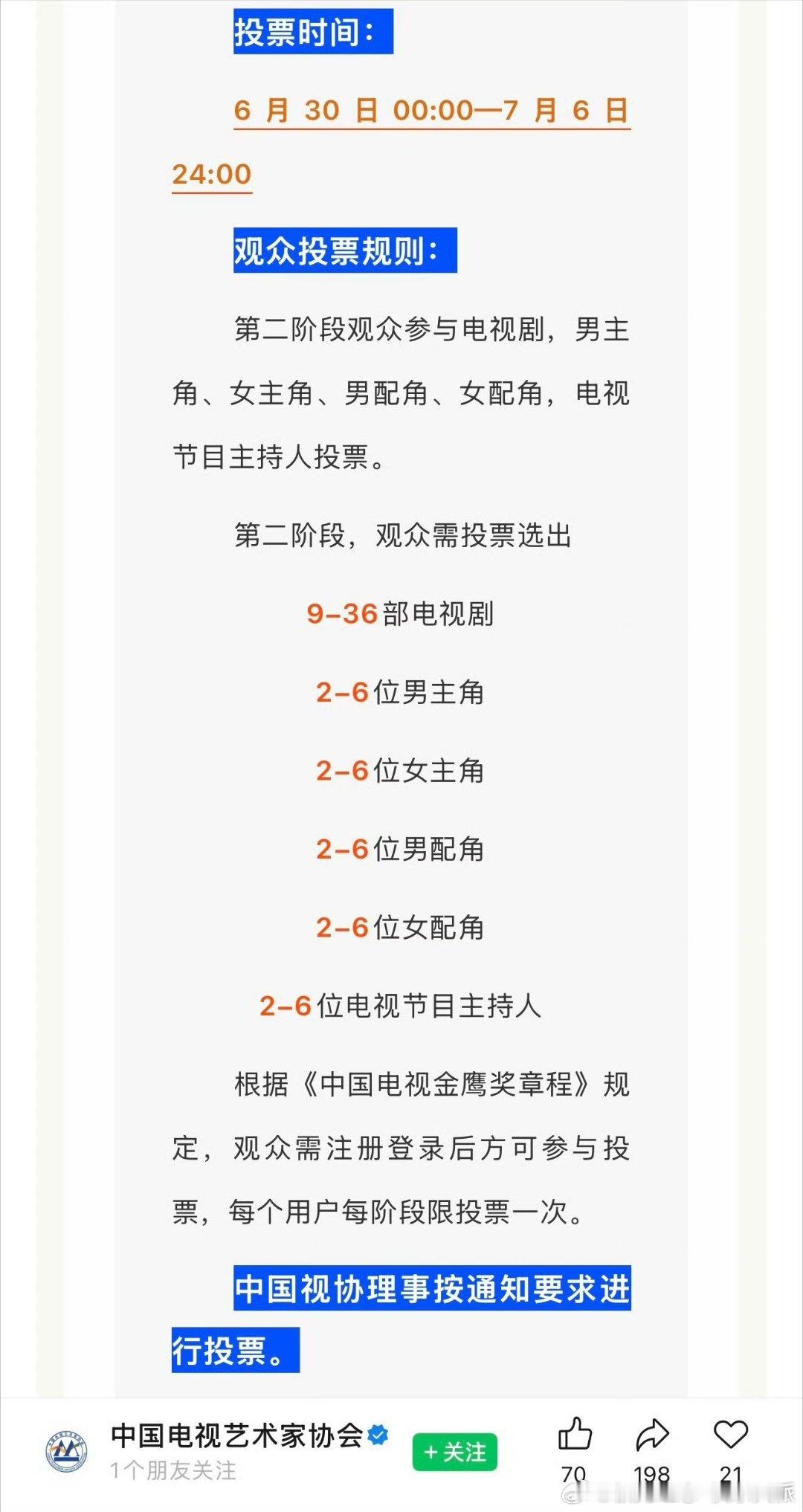 金鹰奖第二阶段投票明日开启追星BOT明天金鹰奖投票笫二阶段正式开启，大家等待。 