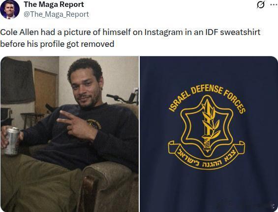【白宫枪击事件枪手身着以色列国防军的衣服】
据媒体报道，白宫晚宴枪击事件的枪手被