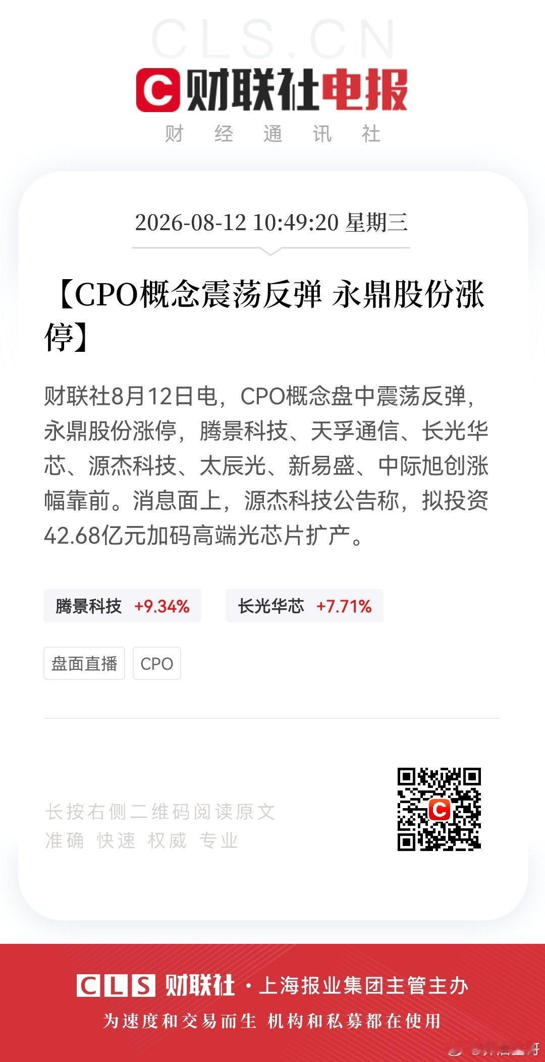 【CPO概念震荡反弹 永鼎股份涨停】财联社8月12日电，CPO概念盘中震荡反弹，