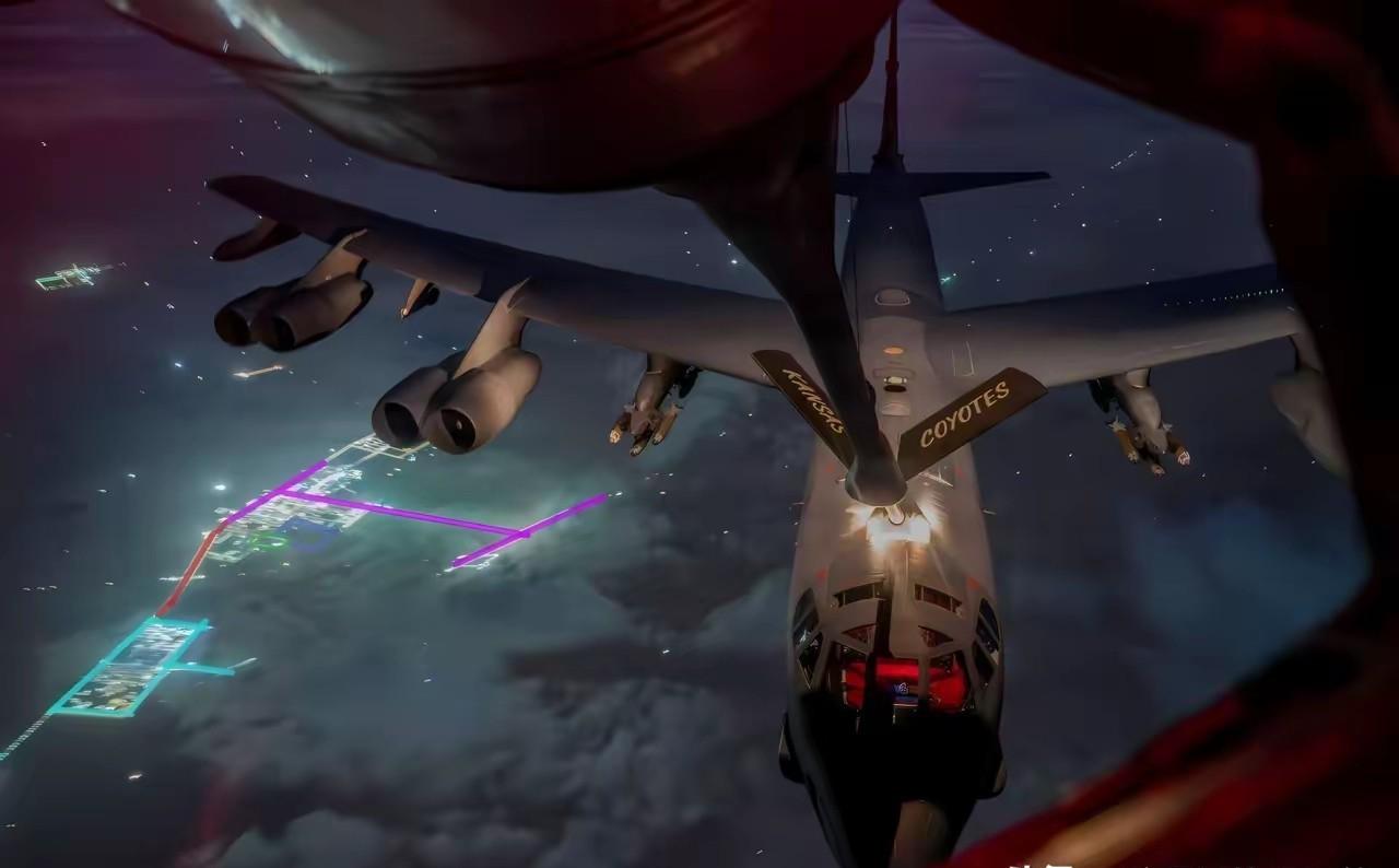 照片是美方公布的一架B-52战略轰炸机在3月26日执行“史诗狂怒”作战飞行中进行