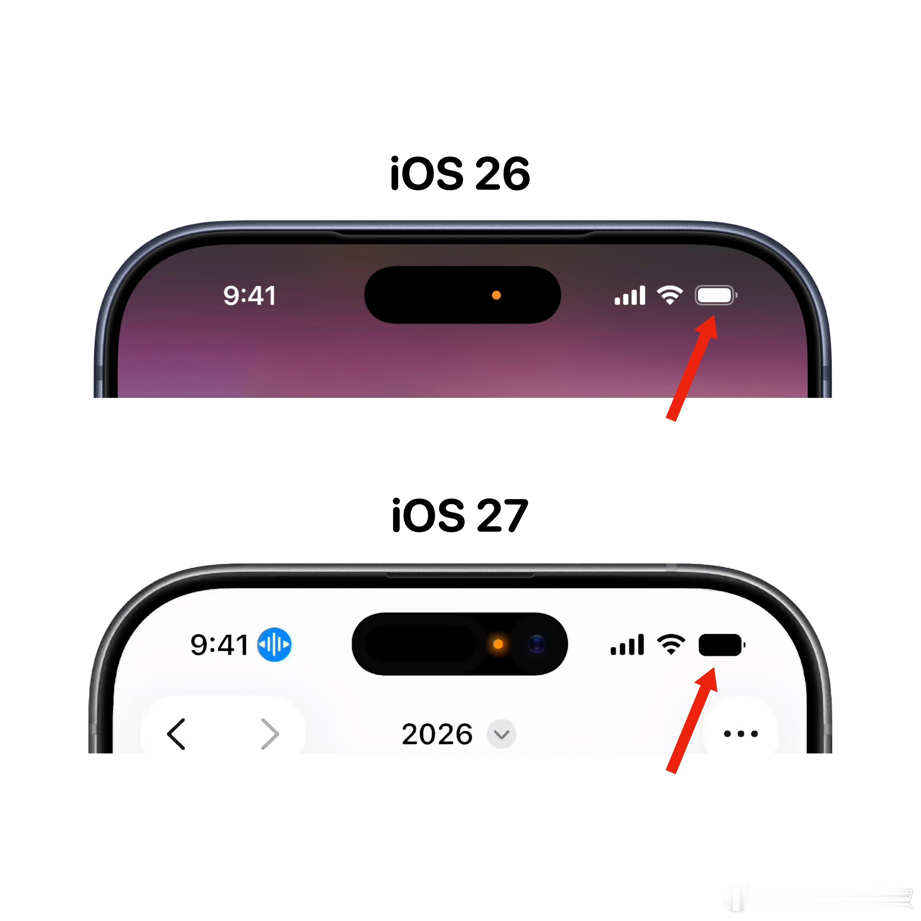 首先你会看到iOS 27的第一大特征电池图标又变了…