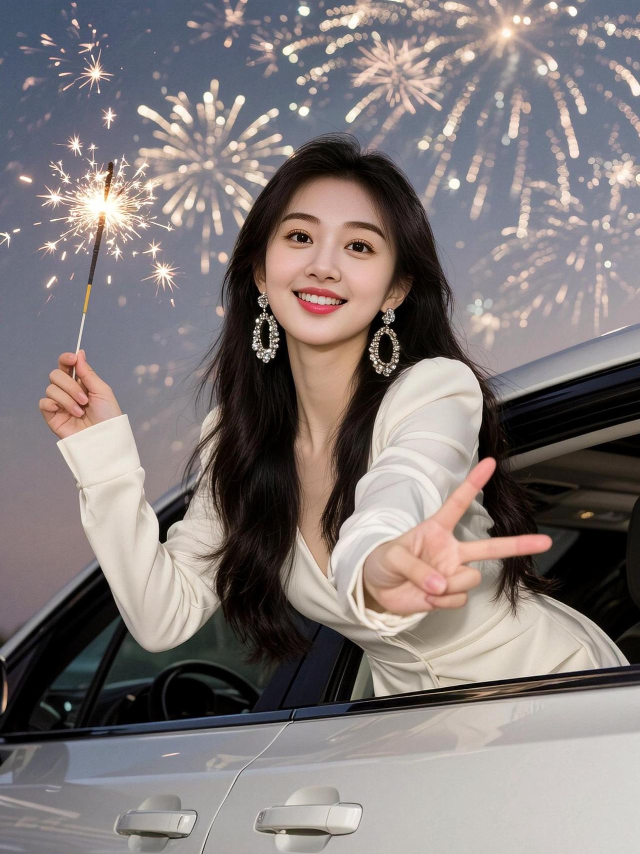 AI烟花氛围感自拍 抖音ai创作 女生的车 烟花拍照