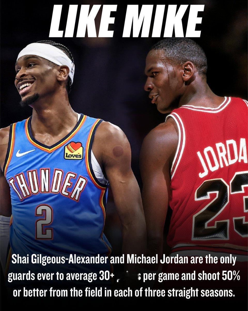 亚历山大与乔丹，是NBA历史上唯二连续3个赛季以至少50%投篮命中率场均拿到30