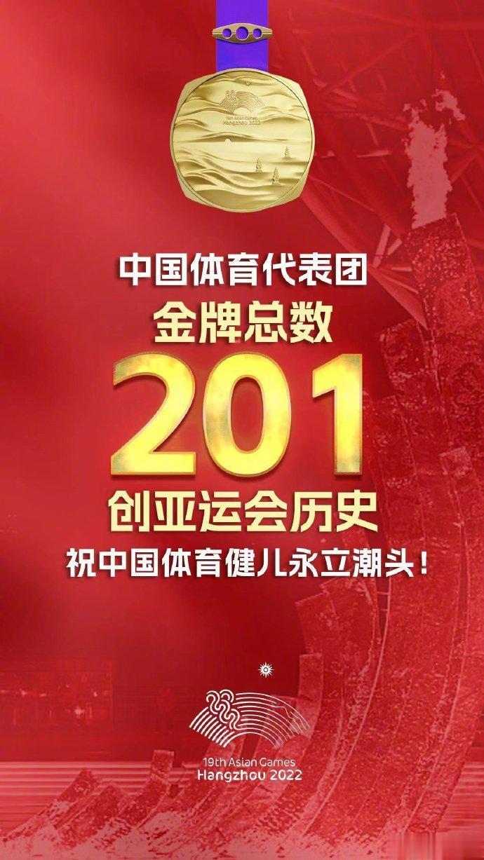 恭喜中国体育代表团在杭州亚运会上取得的优异成绩，金牌总数比广州亚运会的199枚还