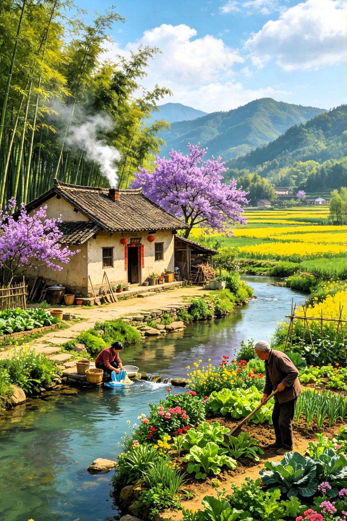 《 乡 居 烟 火 》


 
竹绕茅檐起淡烟，紫花一树倚门前。

清溪浣妇捶柔