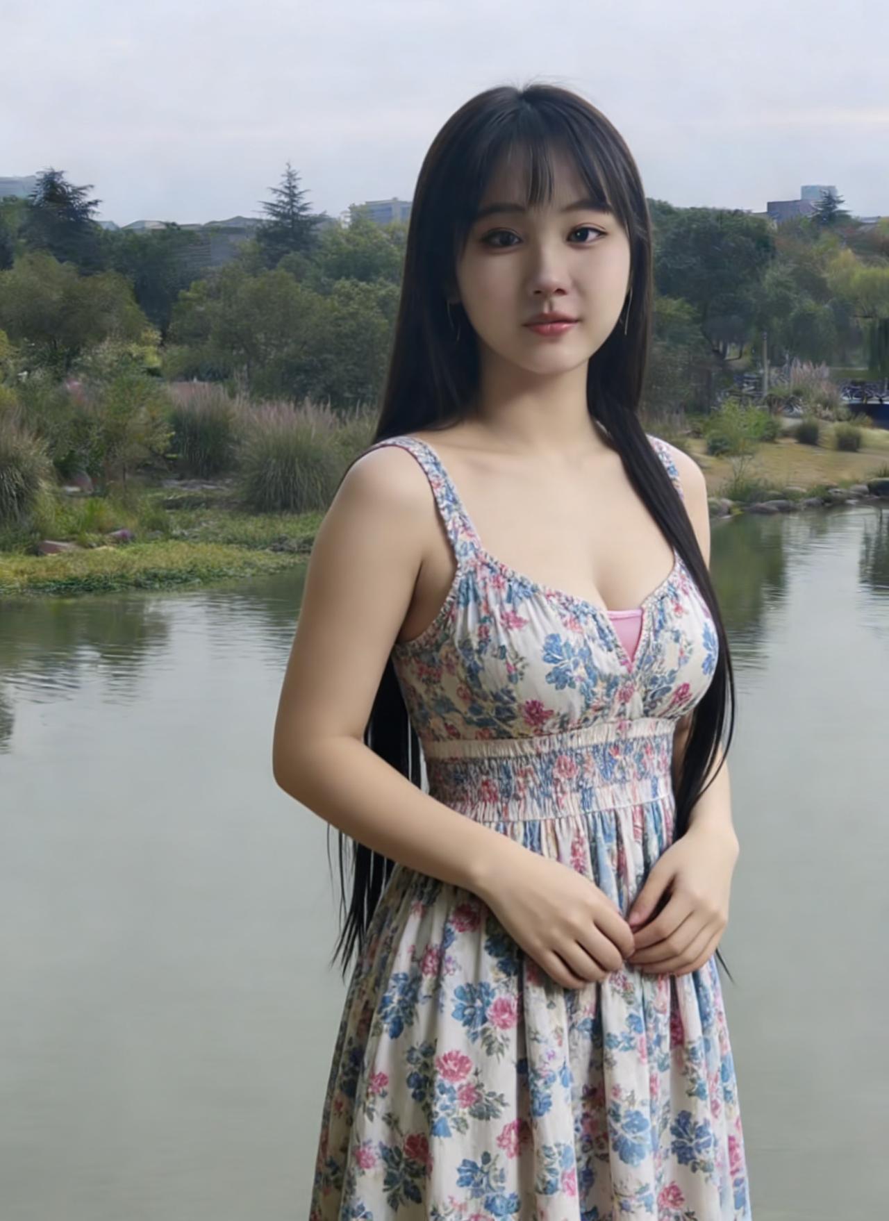 风掠过湖面时，碎花裙接住了涟漪
她站在水畔，像一枝刚被风拂开的嫩荷
长发垂落，系