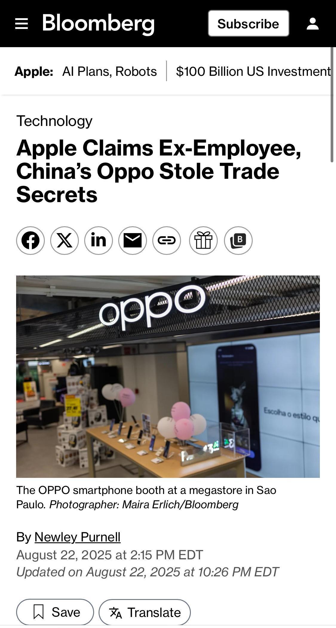 OPPO摊上事了！

据彭博报道，苹果诉Oppo挖角其Watch团队工程师Che