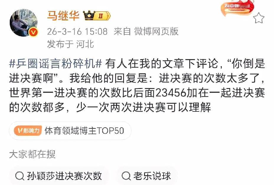 还是马老师厉害，
公平公正客观，
还一针见血。

重庆冠军赛，
孙颖莎止步女单八