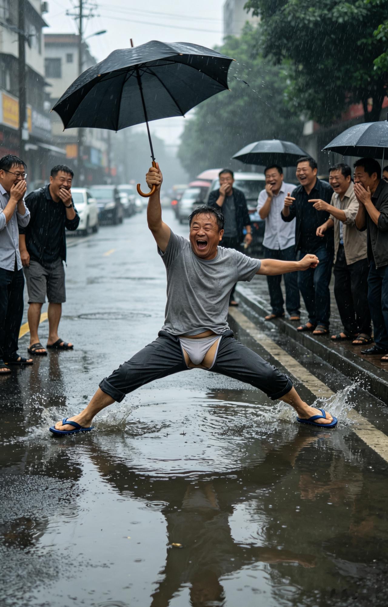 【每天一笑】下雨天出门踩积水打滑劈叉
 

搞笑，中年大叔雨天穿拖鞋出门，踩到积