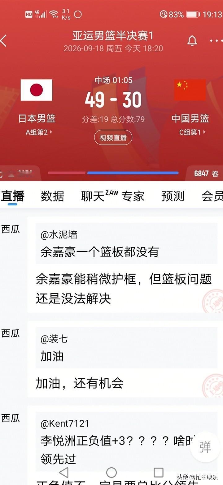 半场落后日本19分，中国男篮下半场还有奇迹吗？
看了中日男篮上半场的比赛，中国队